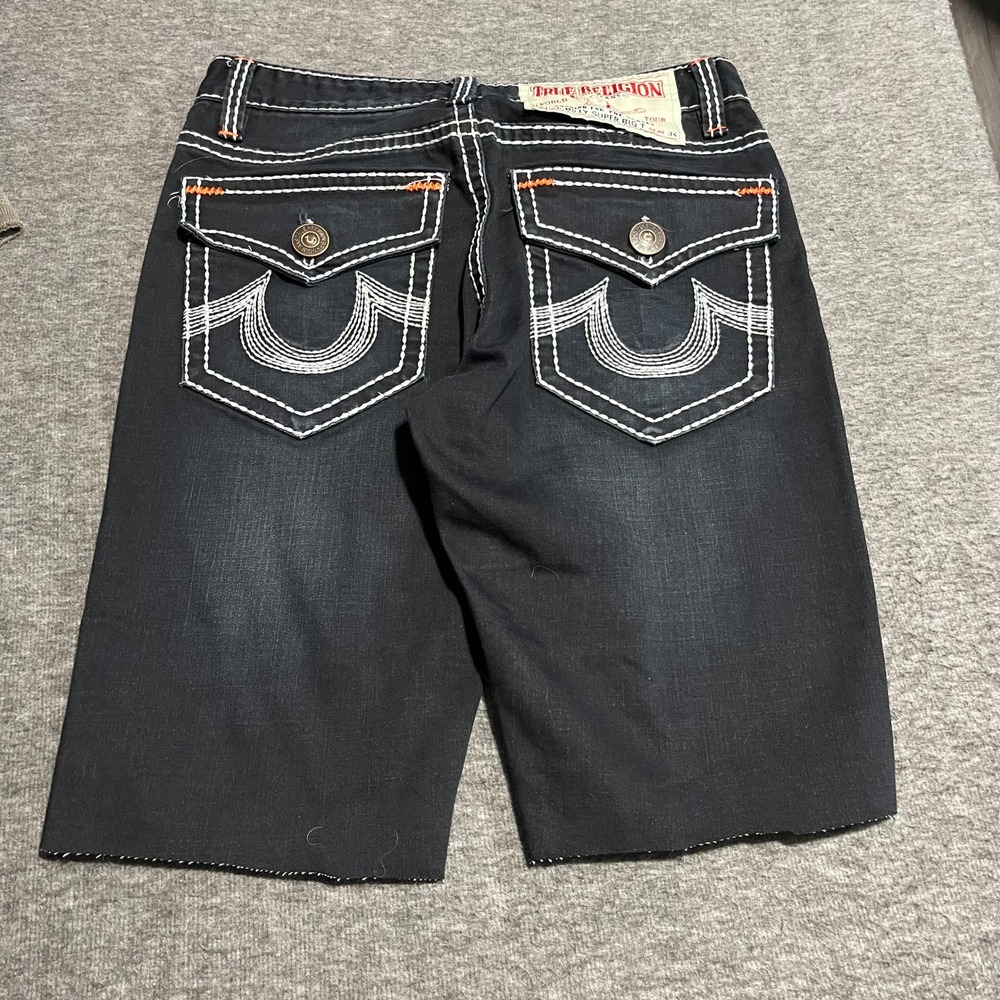 True Religion Ricky Super Big T Black Contrast Stitch Denim Shorts Mens 34